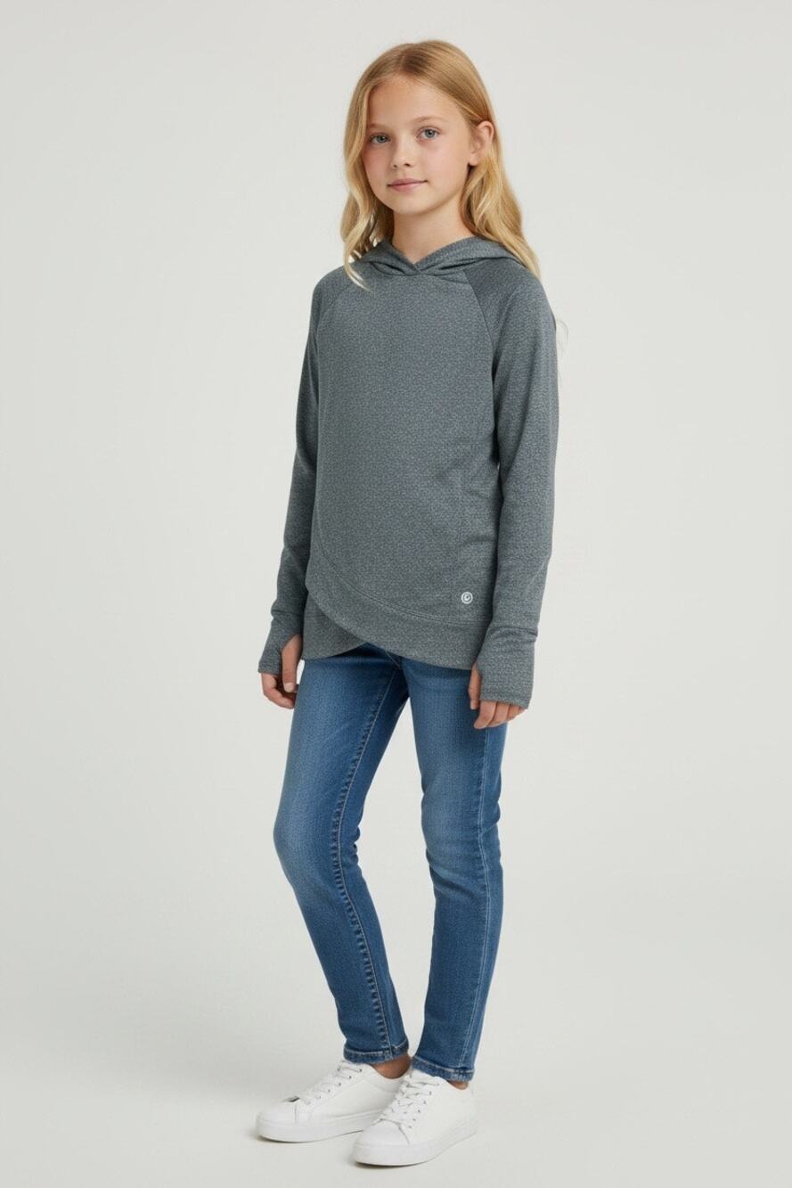 Layer 8 Girls XL Gray Heather Hooded Activewear Top Long Sleeve Twist Front